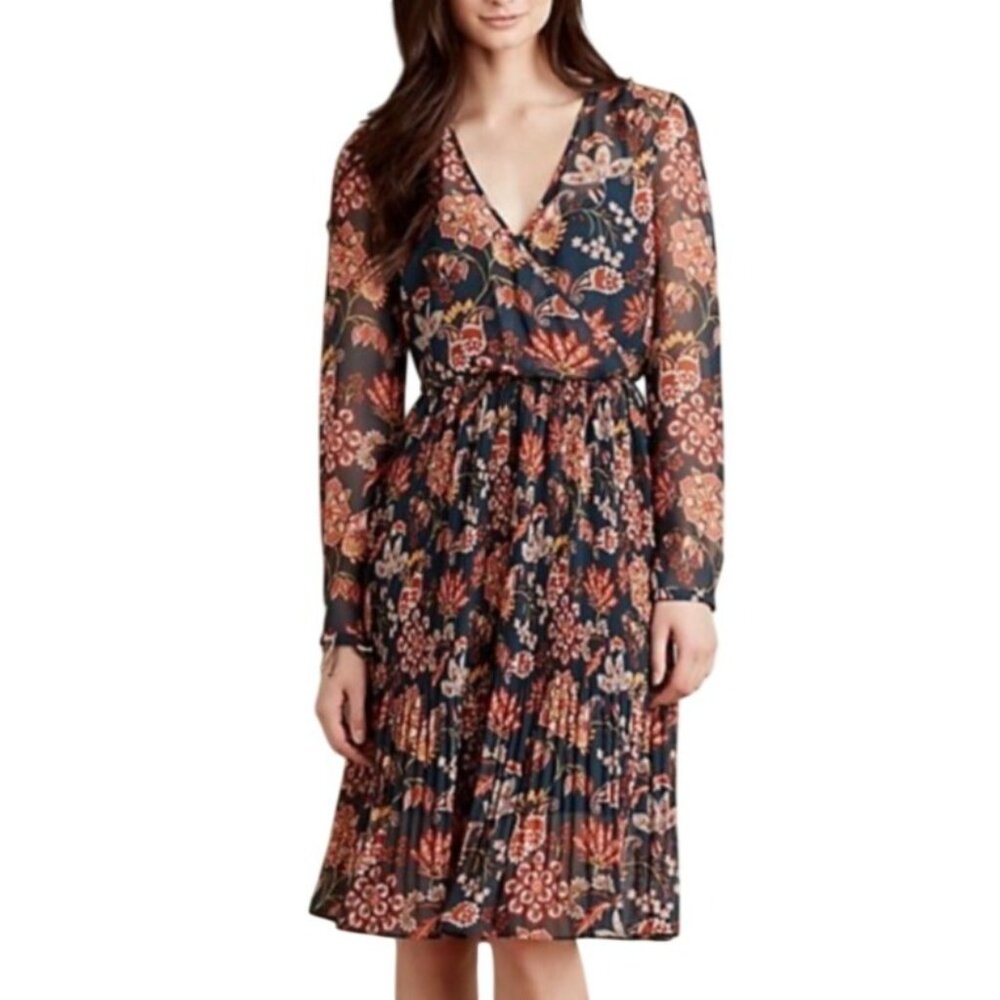 Maeve Womens Floral Long-Sleeve Midi Dress Medium Polyester Blend Multicolor